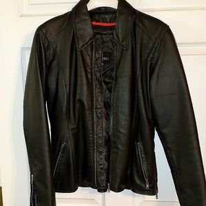 Black leather motorcycle jacket.